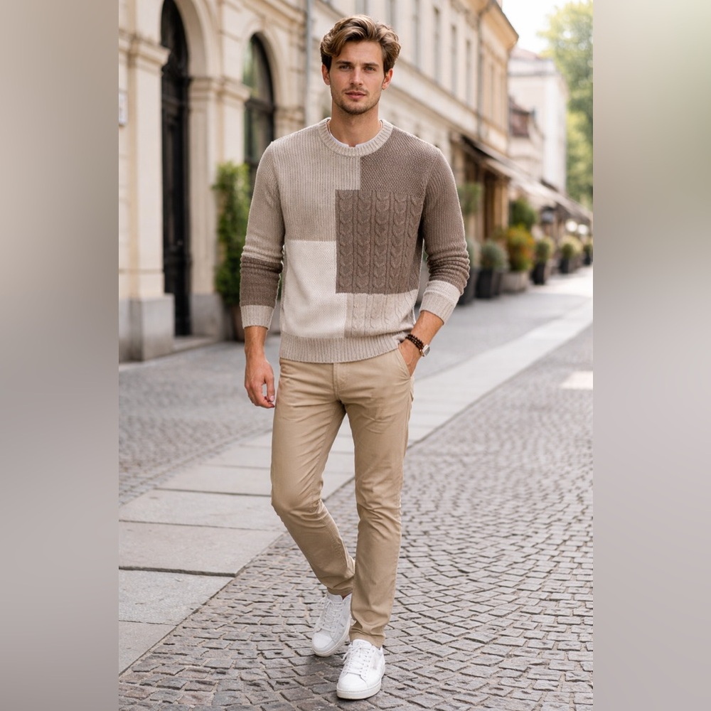 Hollister Men Two-Tone Cable Patch Crew Sweater in Beige Cream Taupe Size Large